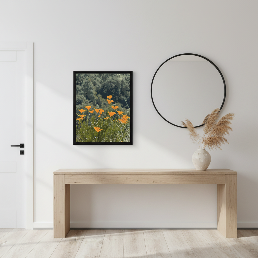 orange poppy flower canvas wall decor on a wall above a wooden table.
