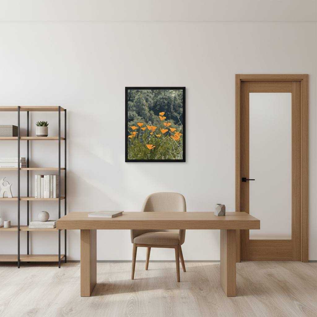 modern office with botanical california poppy canvas wall art decor