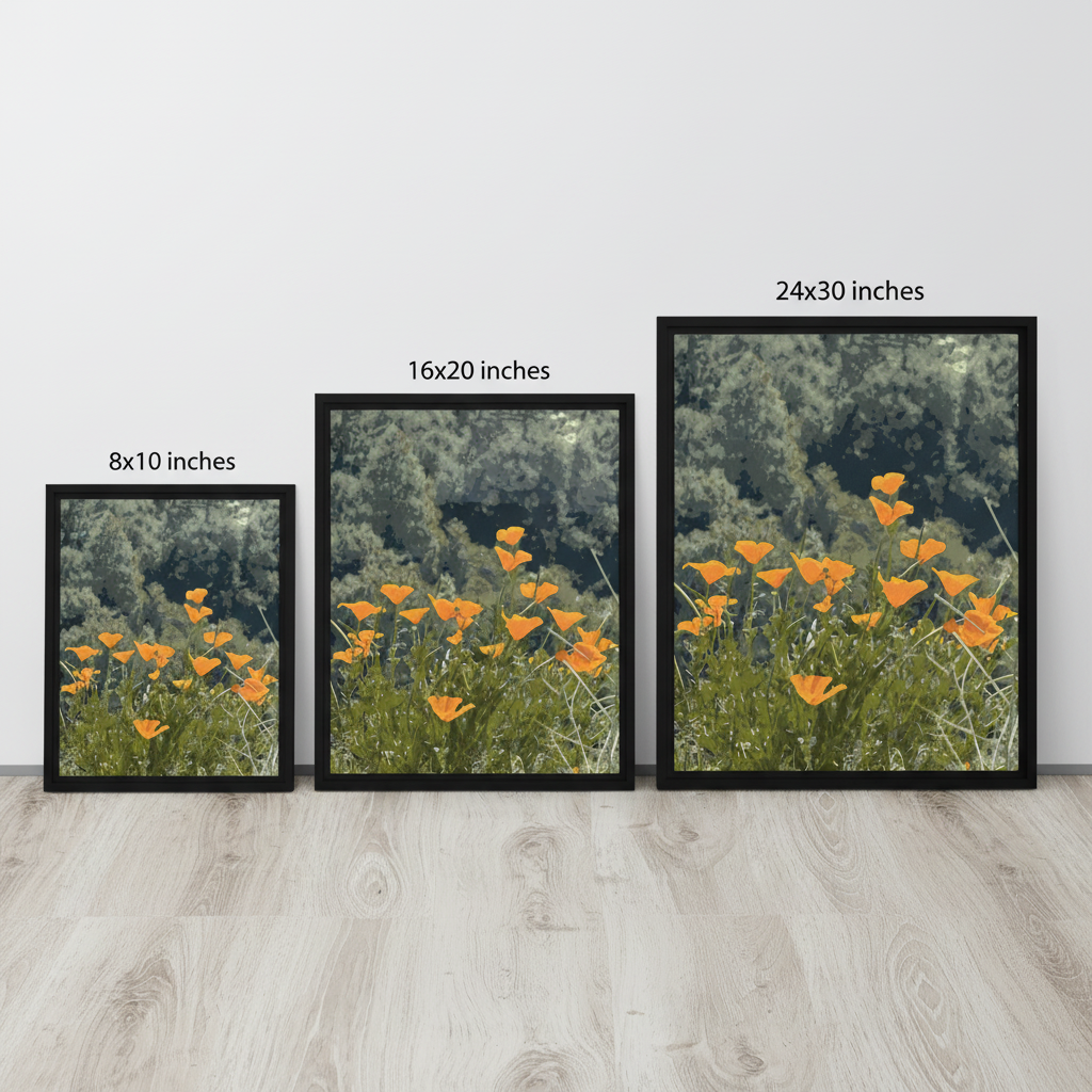three framed prints of orange california poppy flowers with different sizes on a light wooden floor.