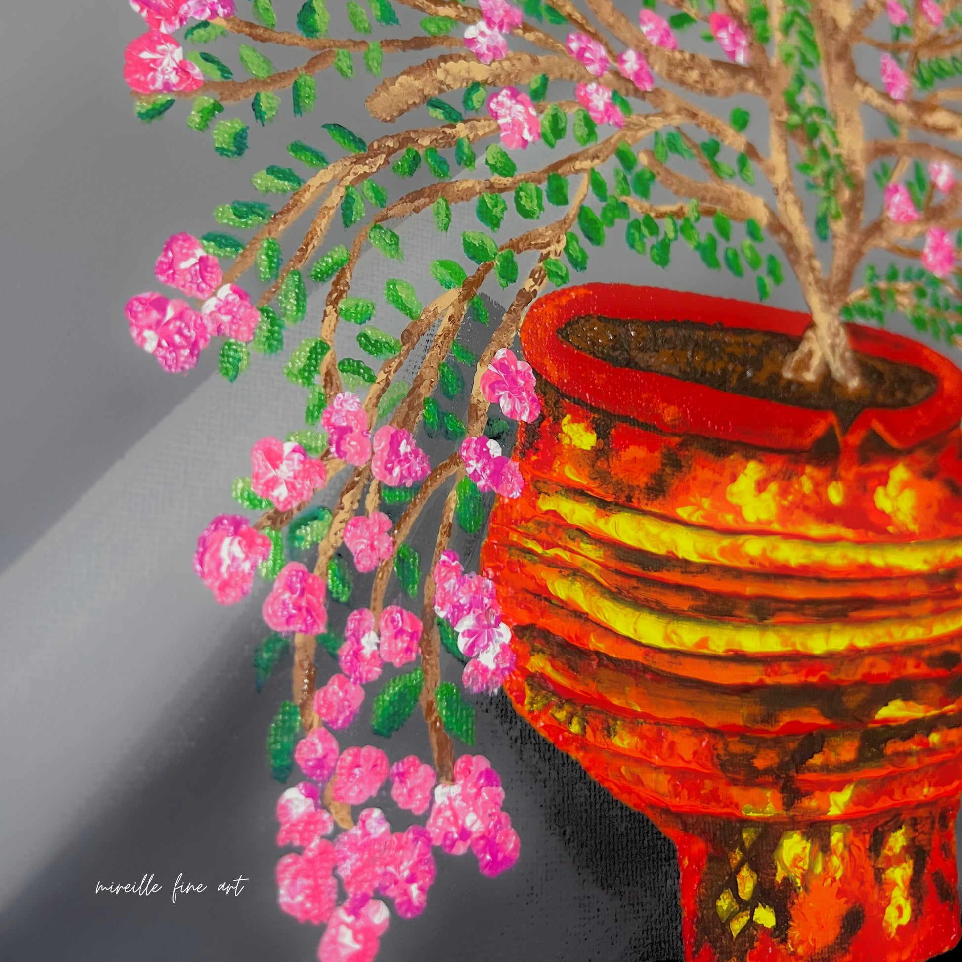 still life wall art flower pot painting on canvas with pink flowers