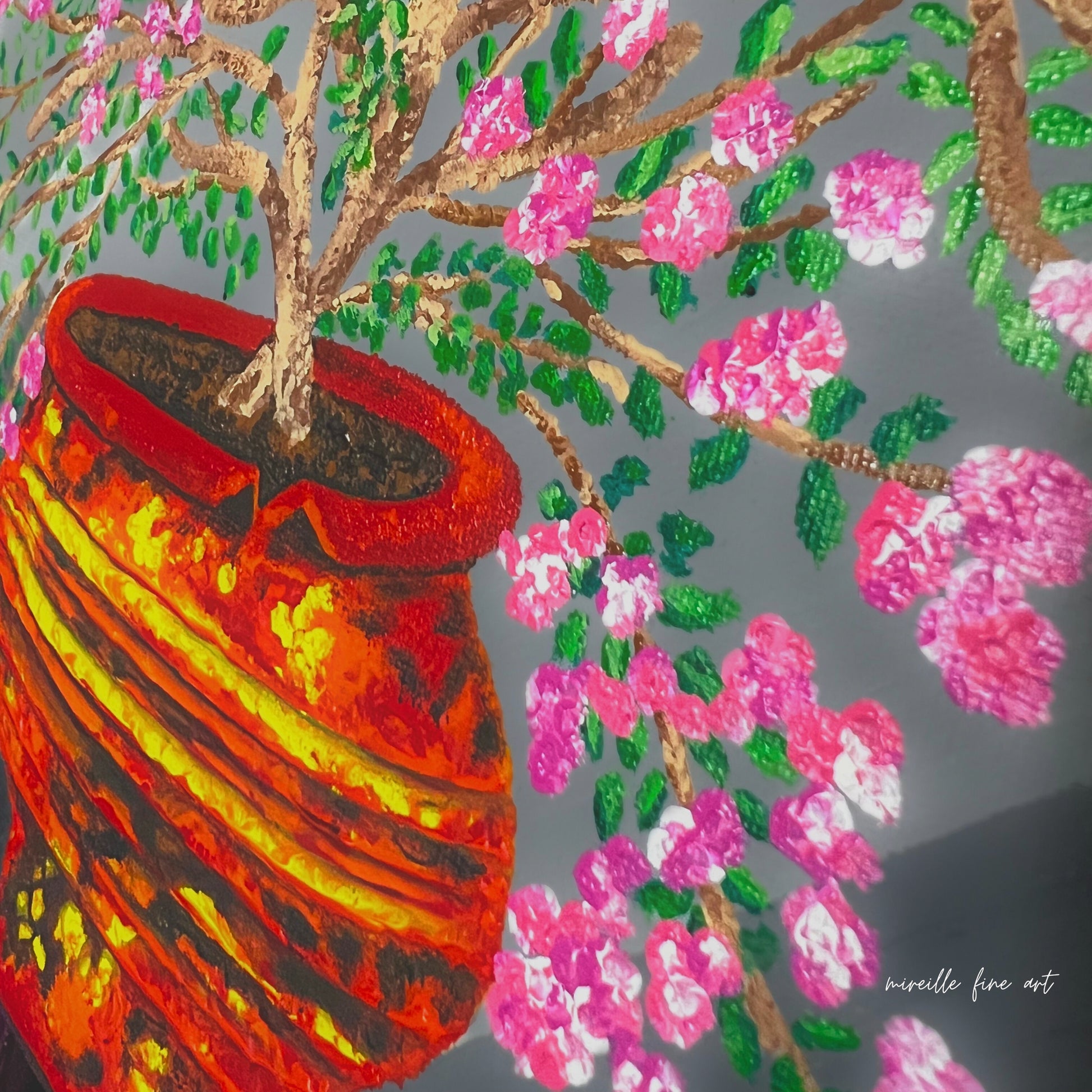 still life wall art flower pot painting on canvas with pink flowers