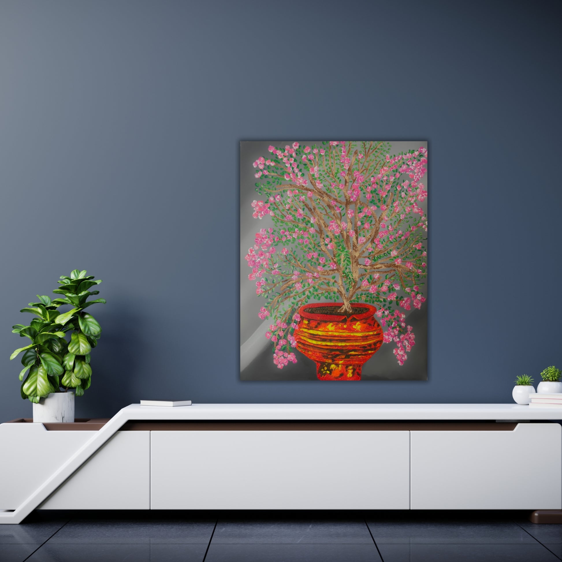 still life wall art flower pot painting on canvas with pink flowers