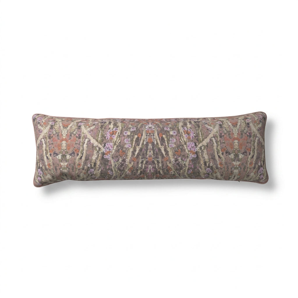charlotte floral bolster pillow in soft velvet featuring an abstract floral tree print, rose piping and gold zipper