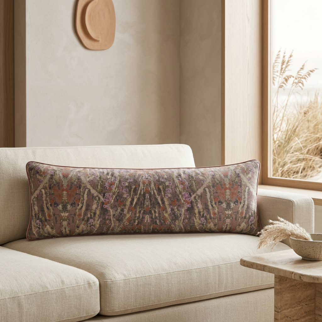 floral velvet bolster pillow styled in a minimalist neutral interior 