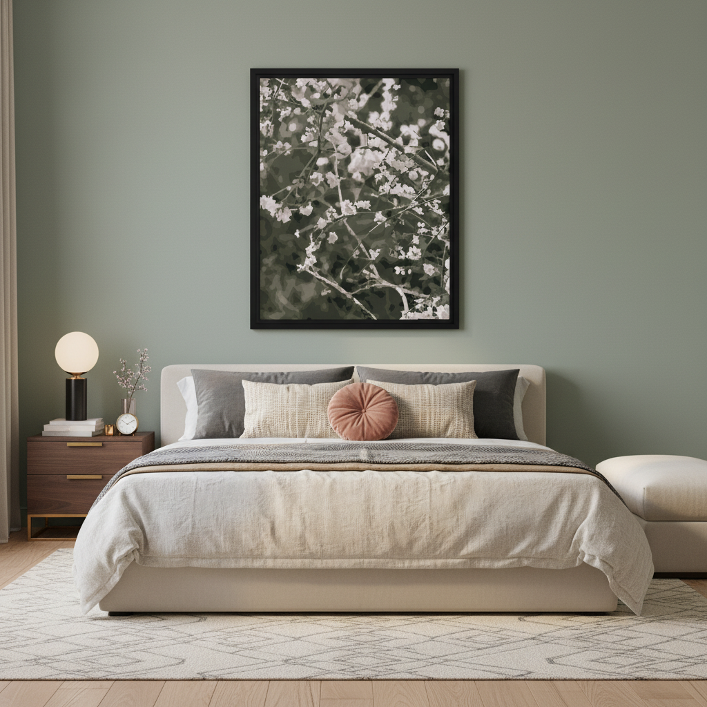 Modern bedroom with a bed, nightstand, and framed cherry blossom wall art.