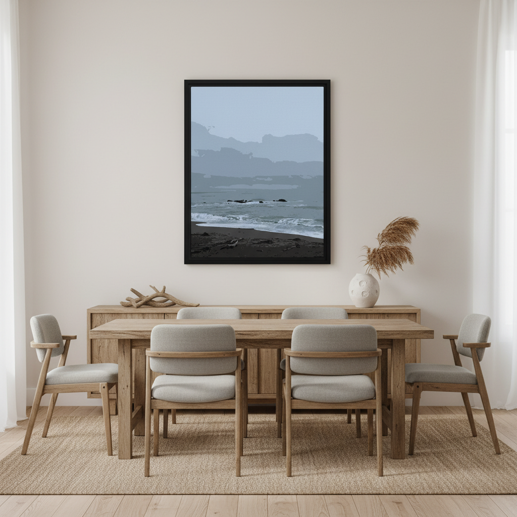 Dining room with wooden table and chairs, framed coastal beach artwork on the wall, and decorative elements