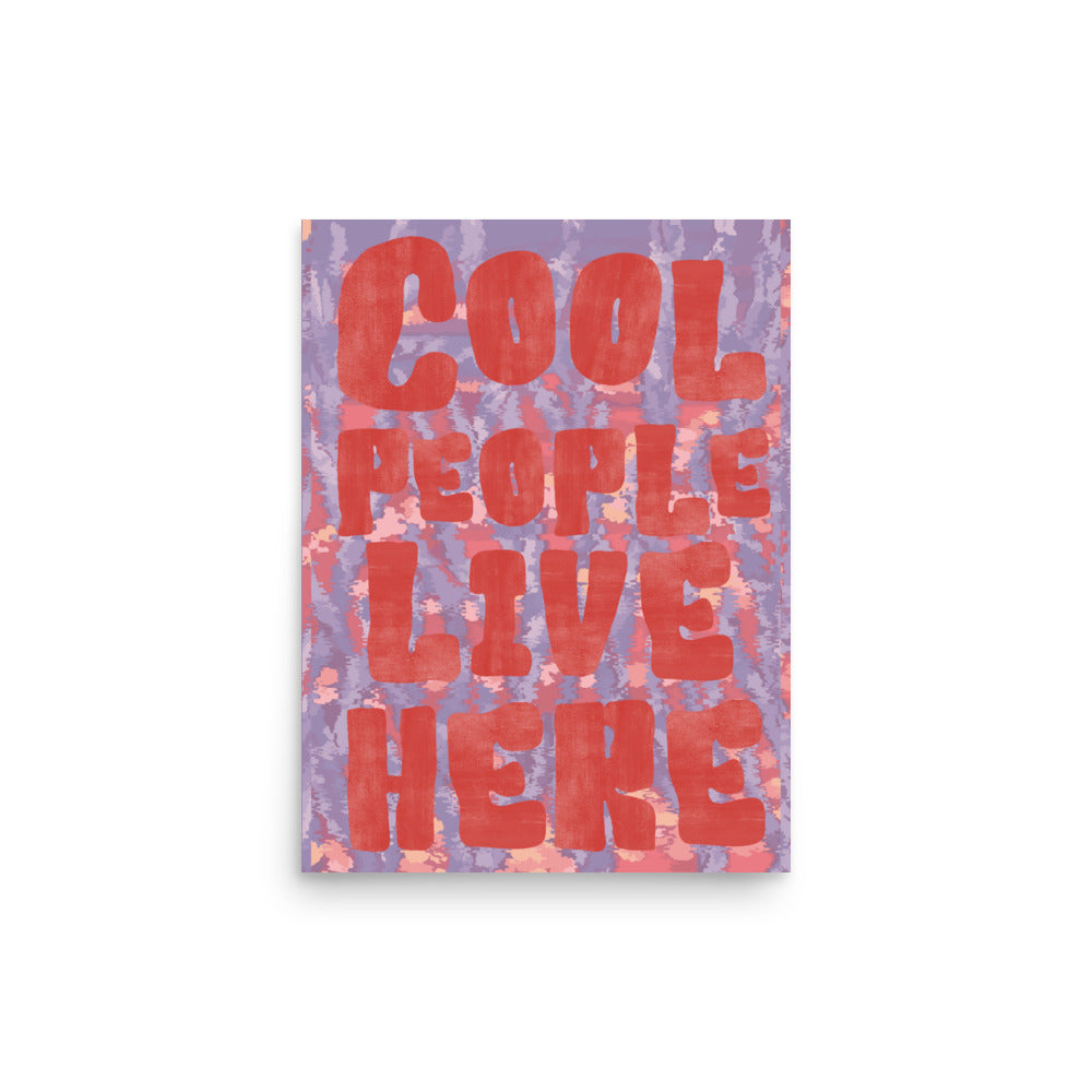 Cool People Live Here text art print with modern typography over a blue abstract painting background