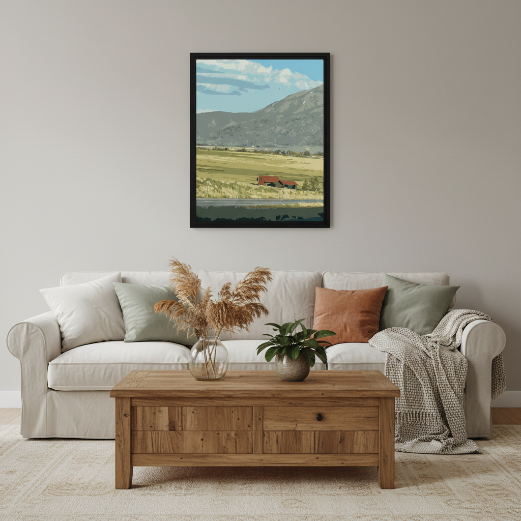 Living room with a beige sofa, wooden coffee table, and framed countryside landscape canvas print on the wall.