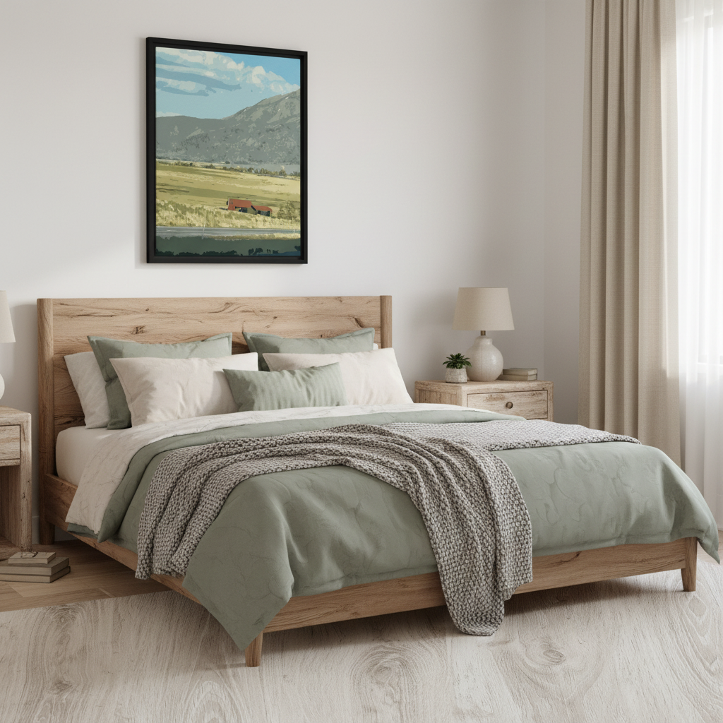 Bedroom with wooden bed, green bedding, and countryside landscape canvas print on wall.