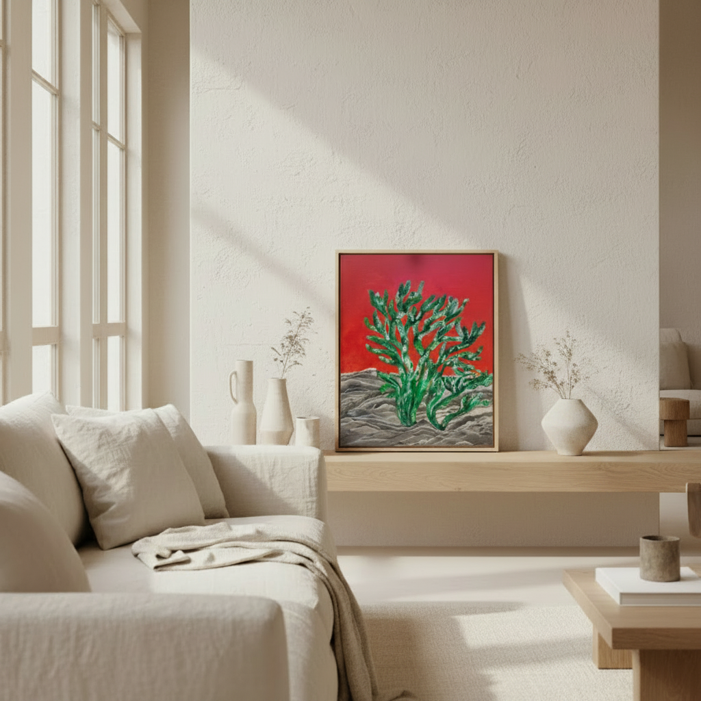 Modern living room with a beige sofa, coffee table, and artwork on a white wall.