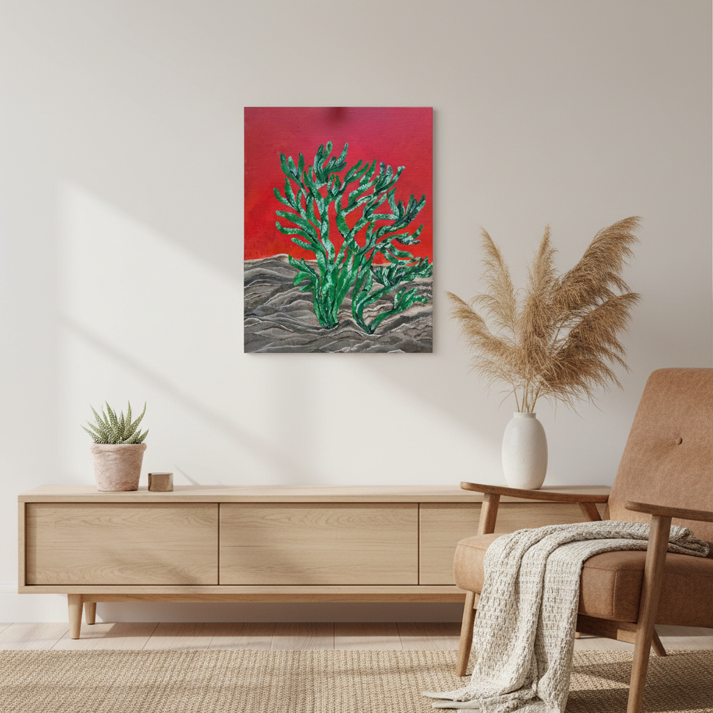 living room with hand-painted desert-inspired artwork with crimson tones