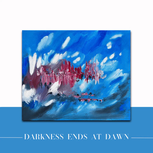 Darkness Ends at Dawn fine art painting showcasing a bold blue sky with abstract red and white strokes.