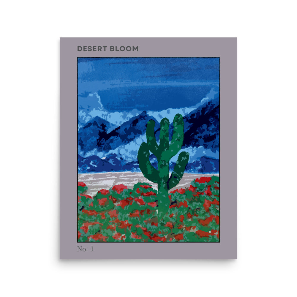 desert bloom wall art print featuring cactus and soft mountain landscape in neutral tone