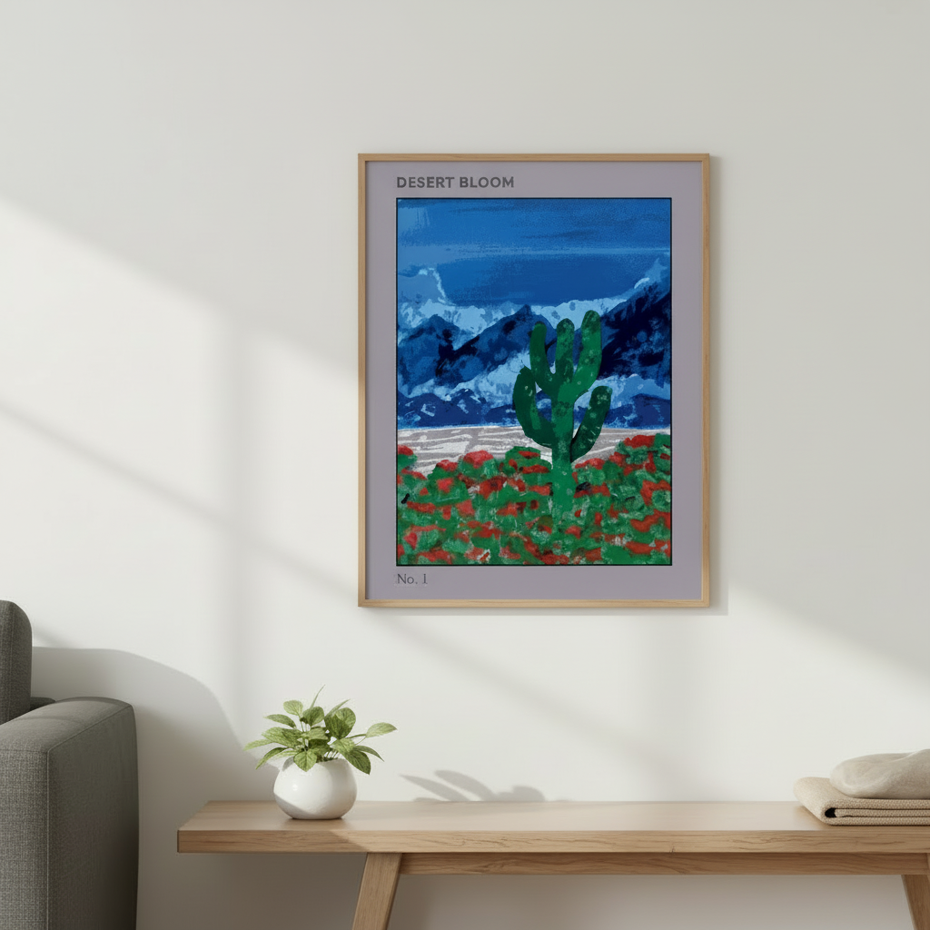 Framed artwork of a modern desert wall art with earthy tones and distant mountains