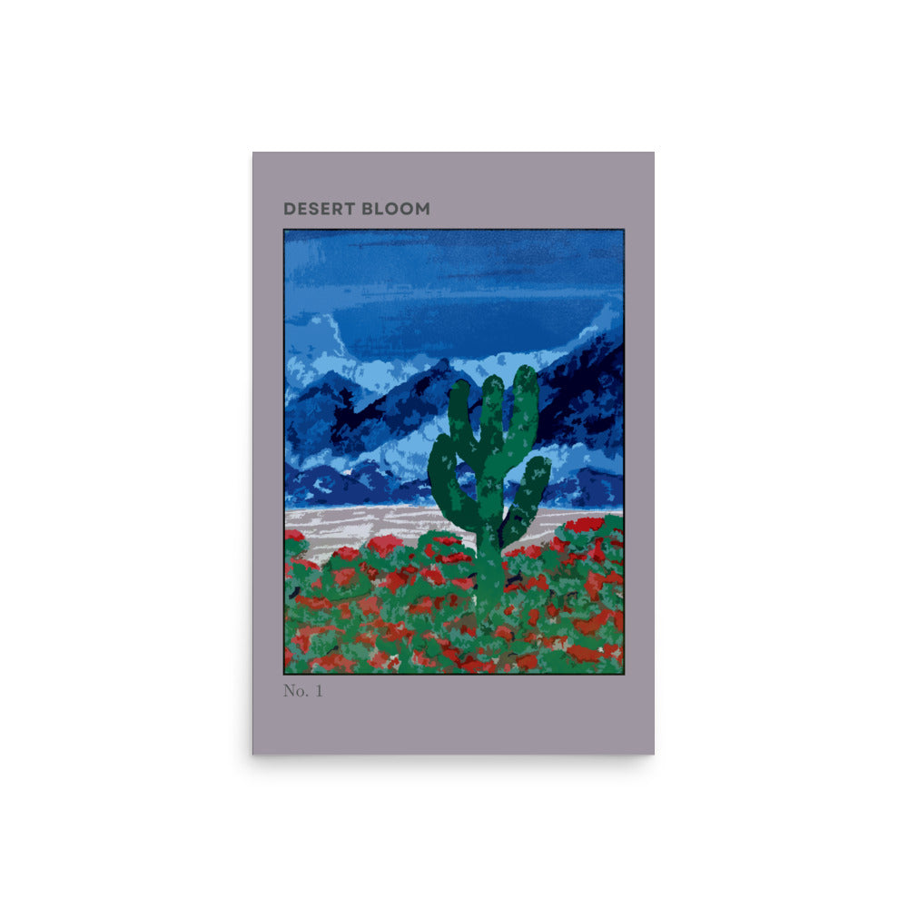 minimalist desert landscape print with blooming ccus and foggy desert hills
