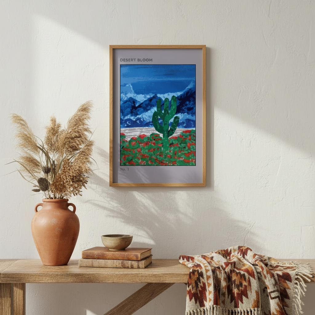 Framed artwork of a desert scene with cactus and soft atmospheric landscape design