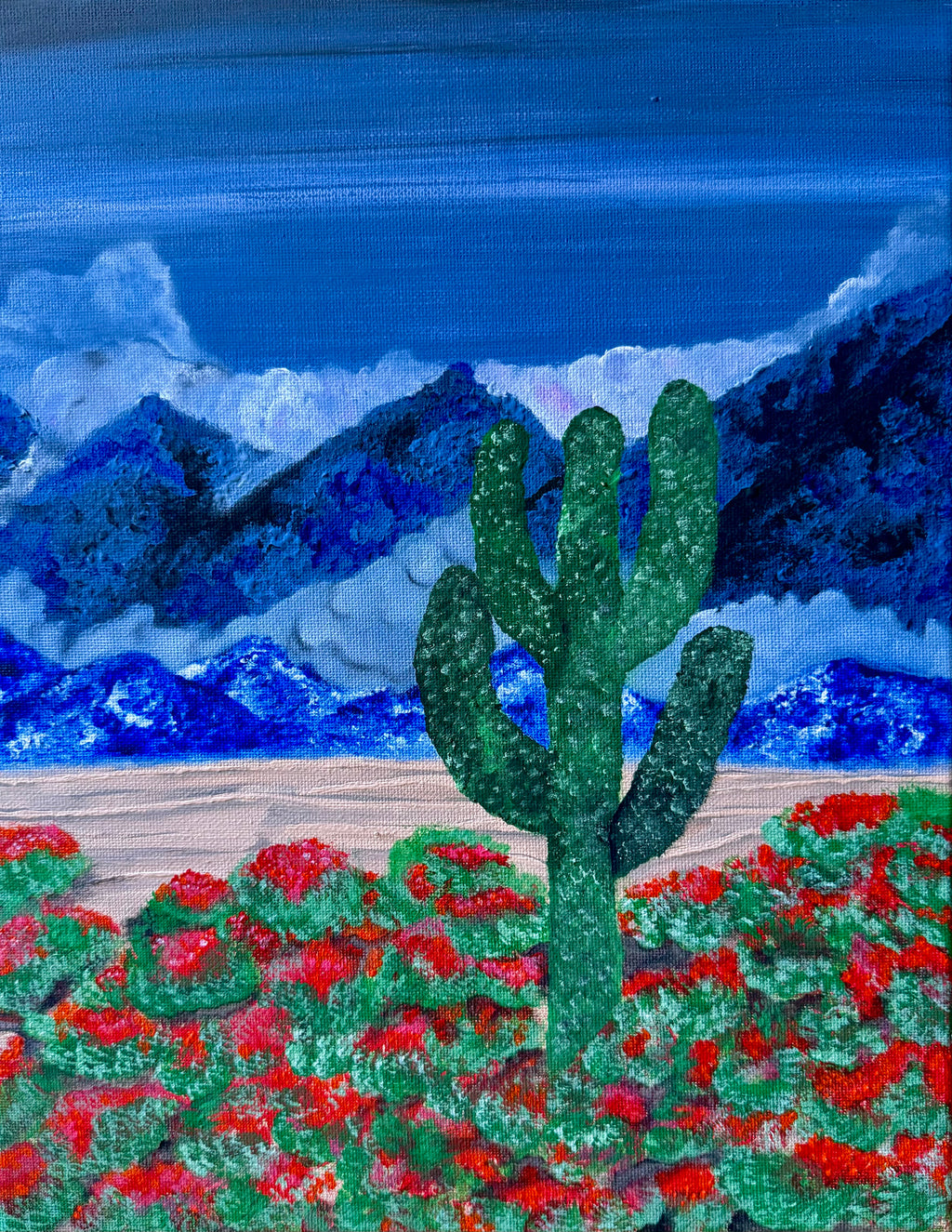 contemporary cactus landscape painting with textured brushwork