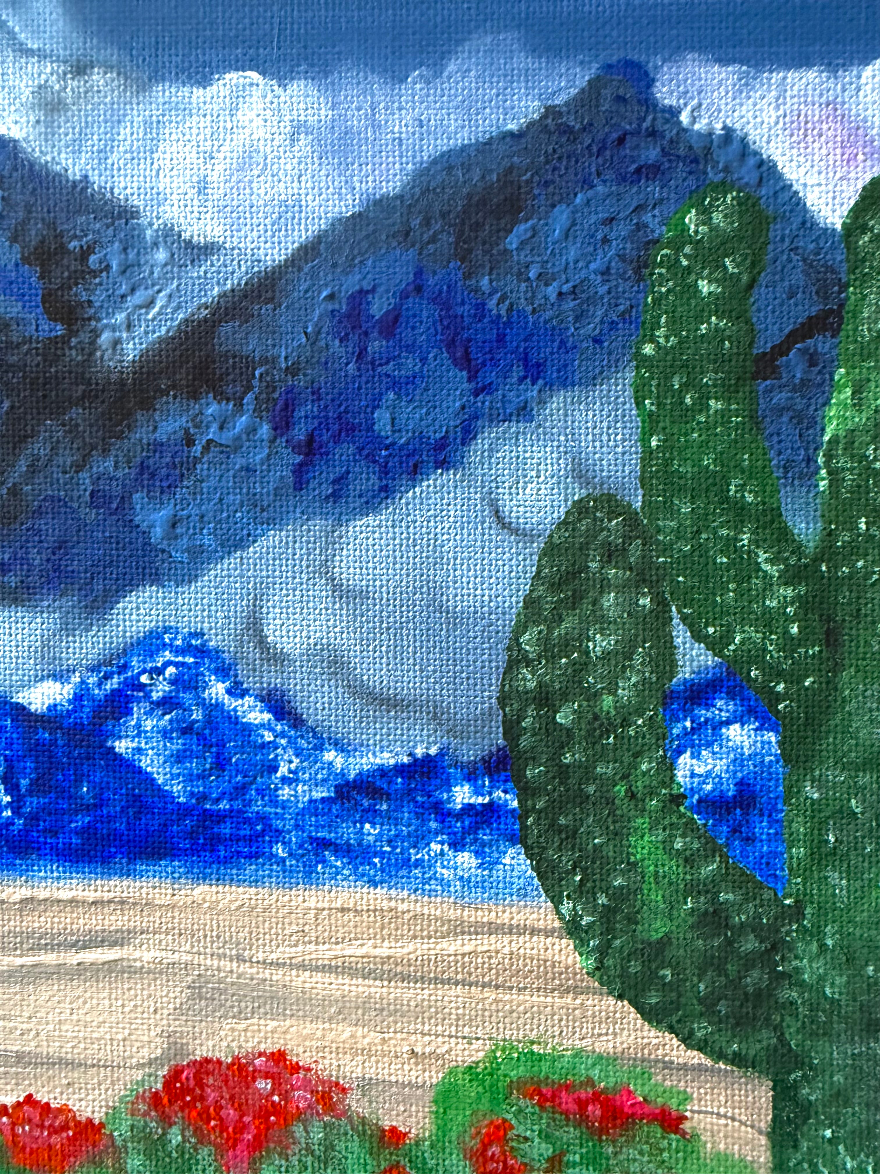 close up detail of acrylic texture in desert landscape painting 