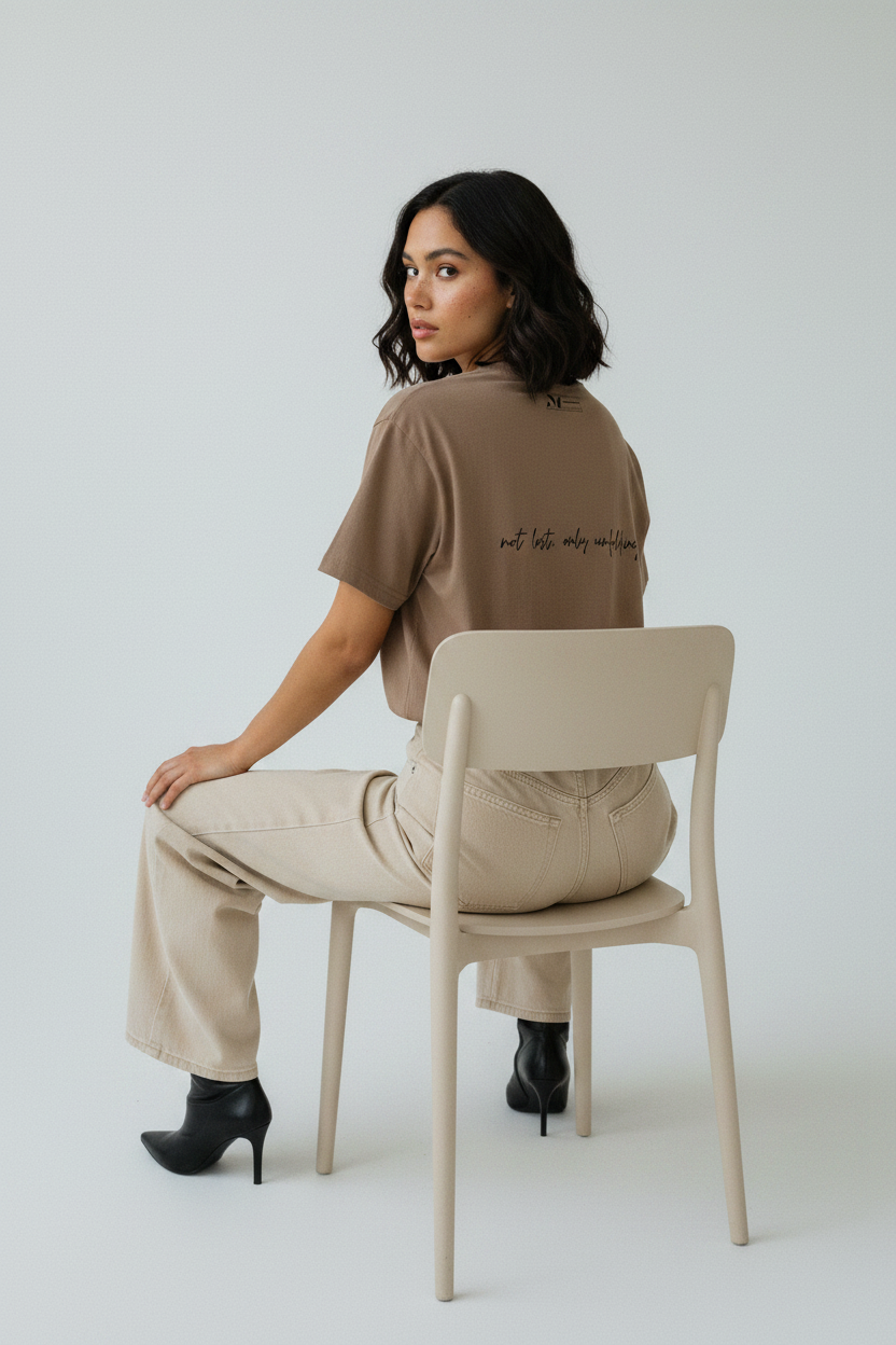 female model sitting in a chair wearing heavyweight t-shirt with back text