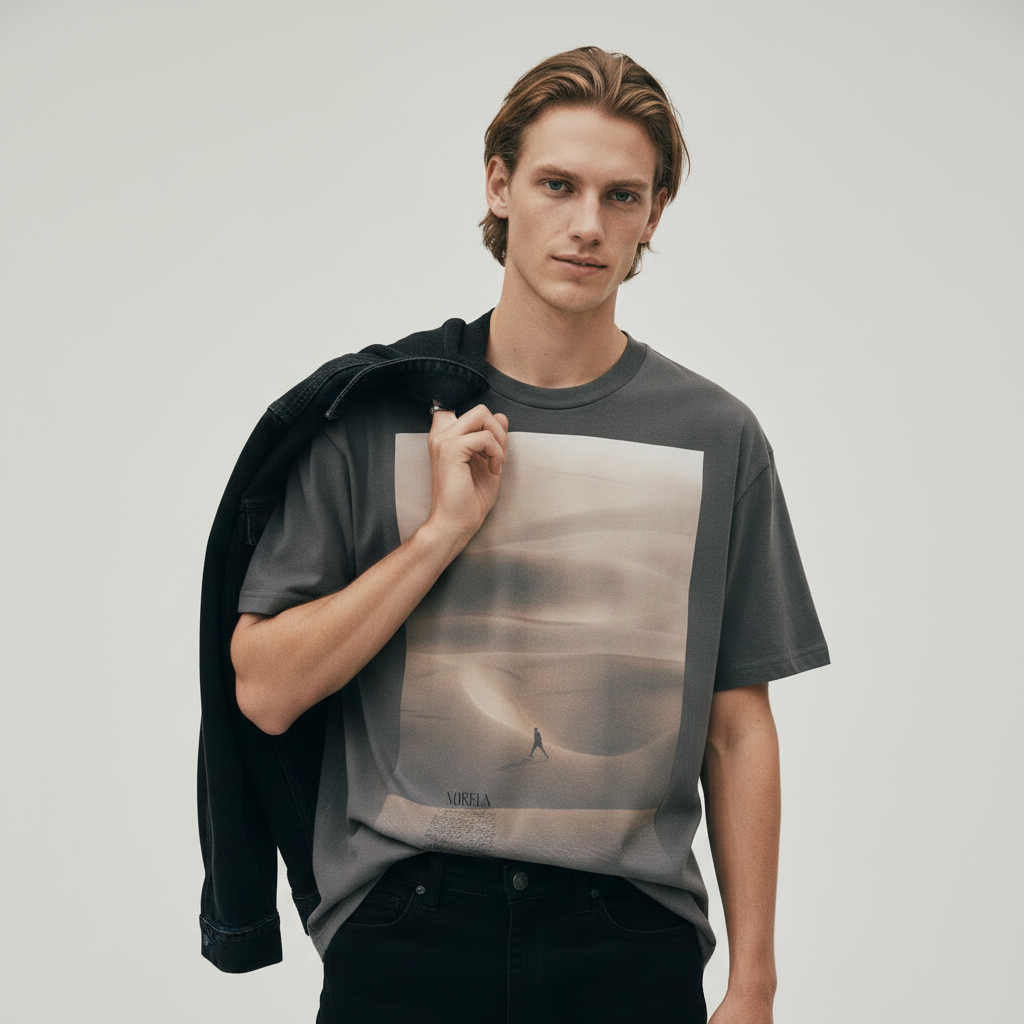 male model wearing dark grey desert horizon graphic t-shirt 