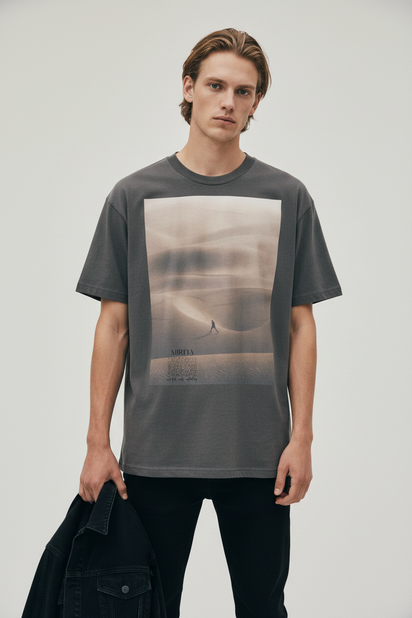 male model wearing minimal desert art t-shirt