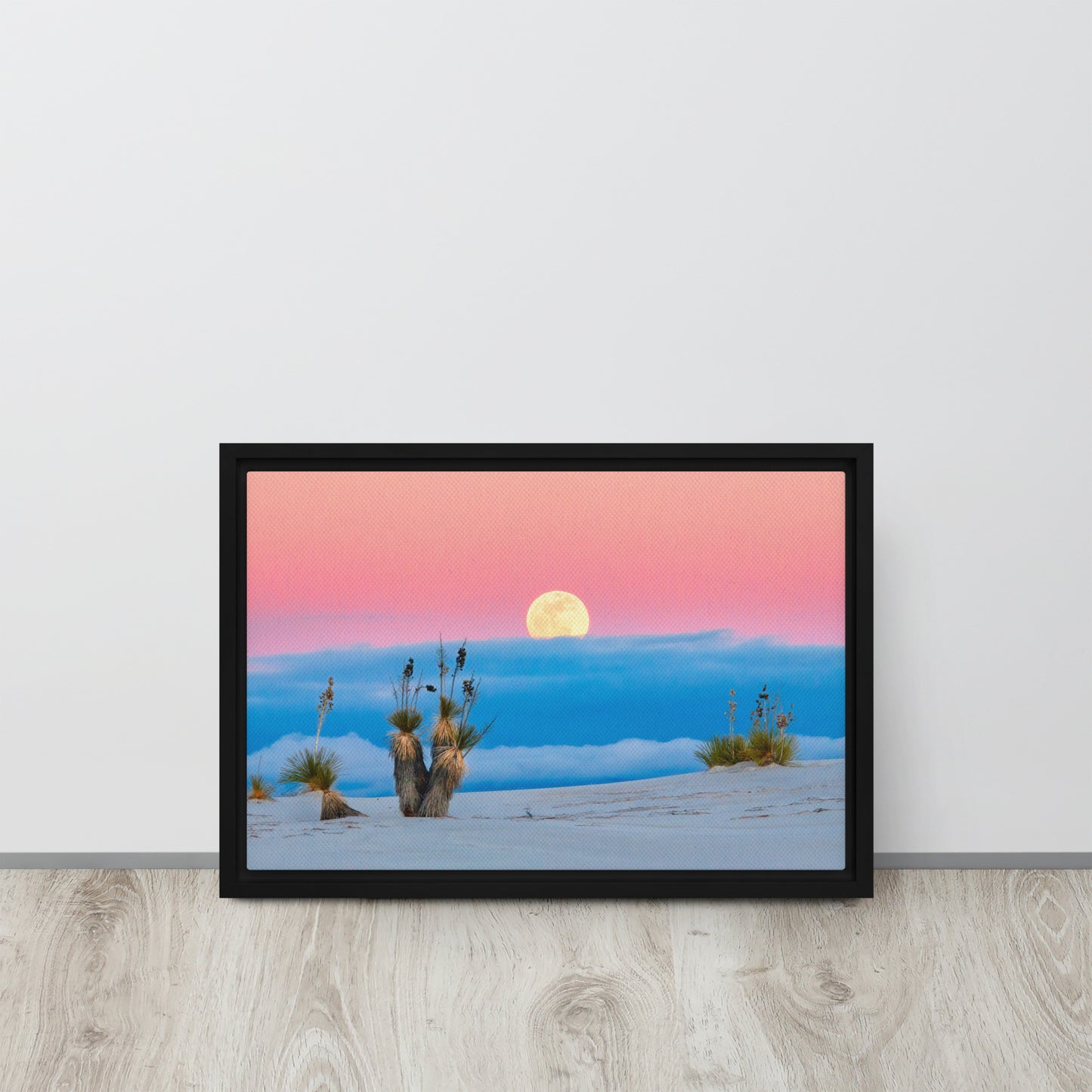 pink horizon desert moon black framed canvas 