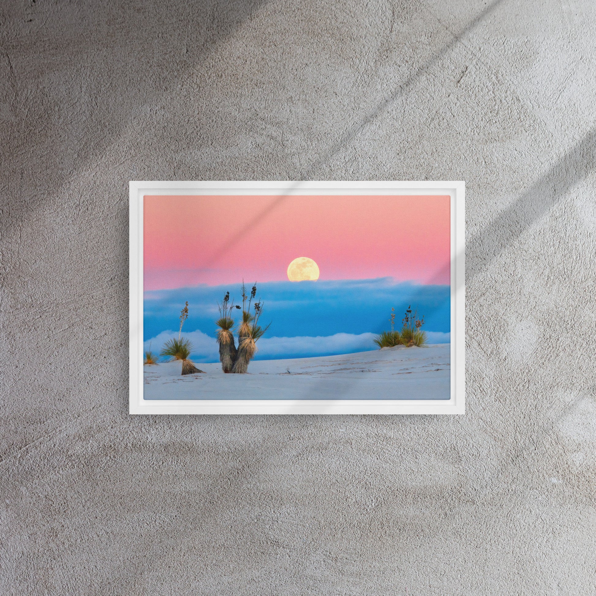 pink horizon desert moon white framed canvas 