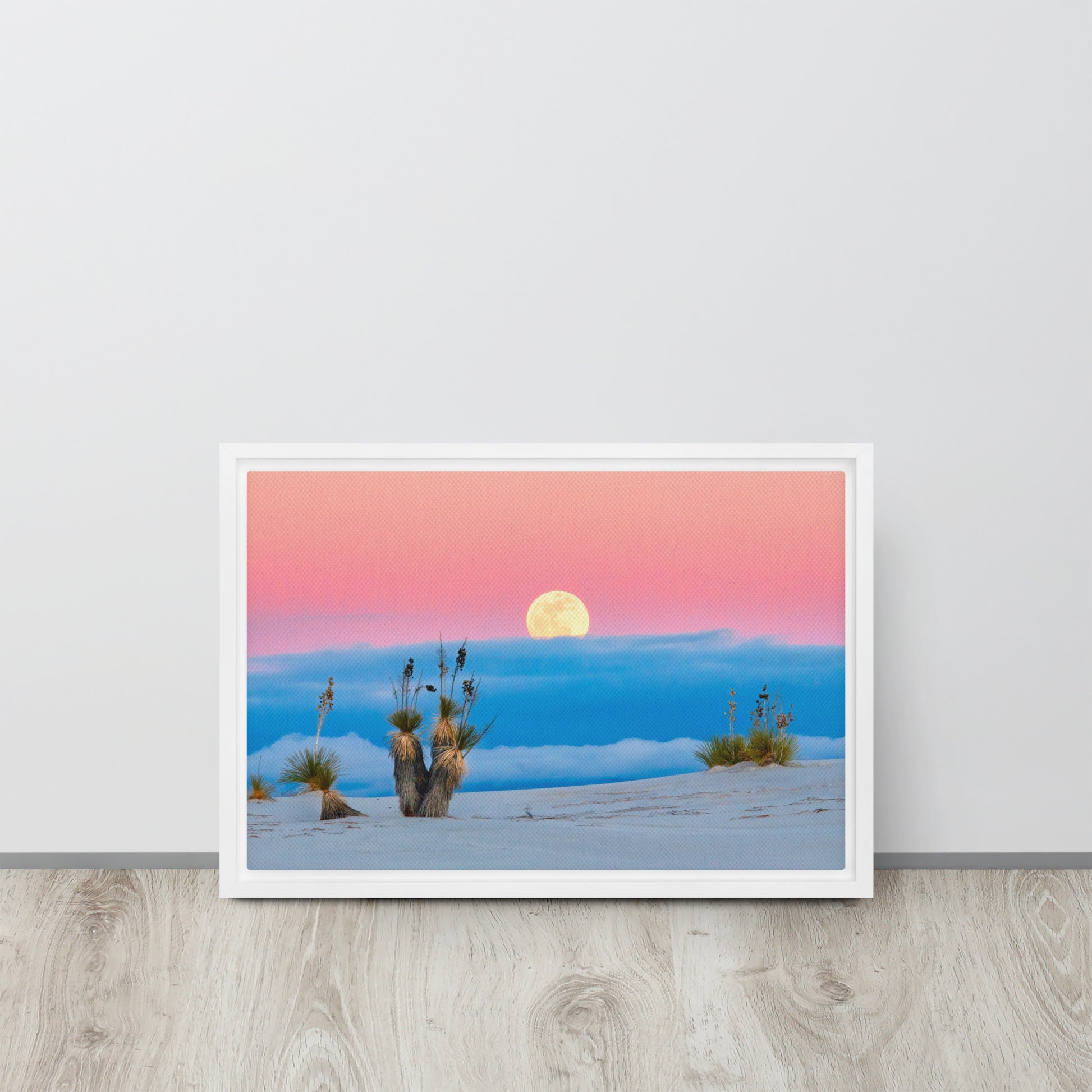 pink horizon desert moon white framed canvas 