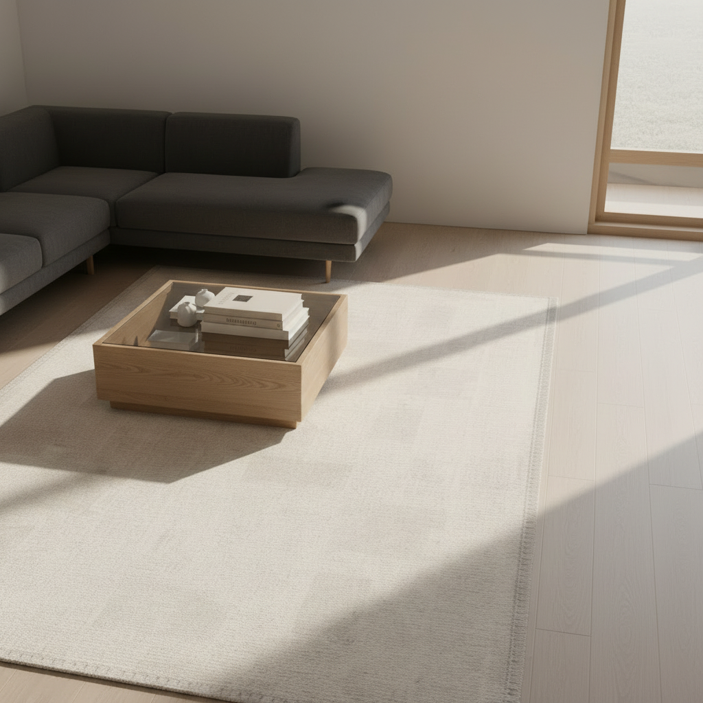 uneven check pattern rug in soft tan tones