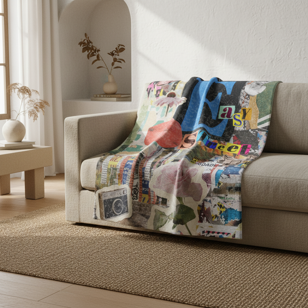 editorial print throw blanket draped over a beige sofa in a living room setting.