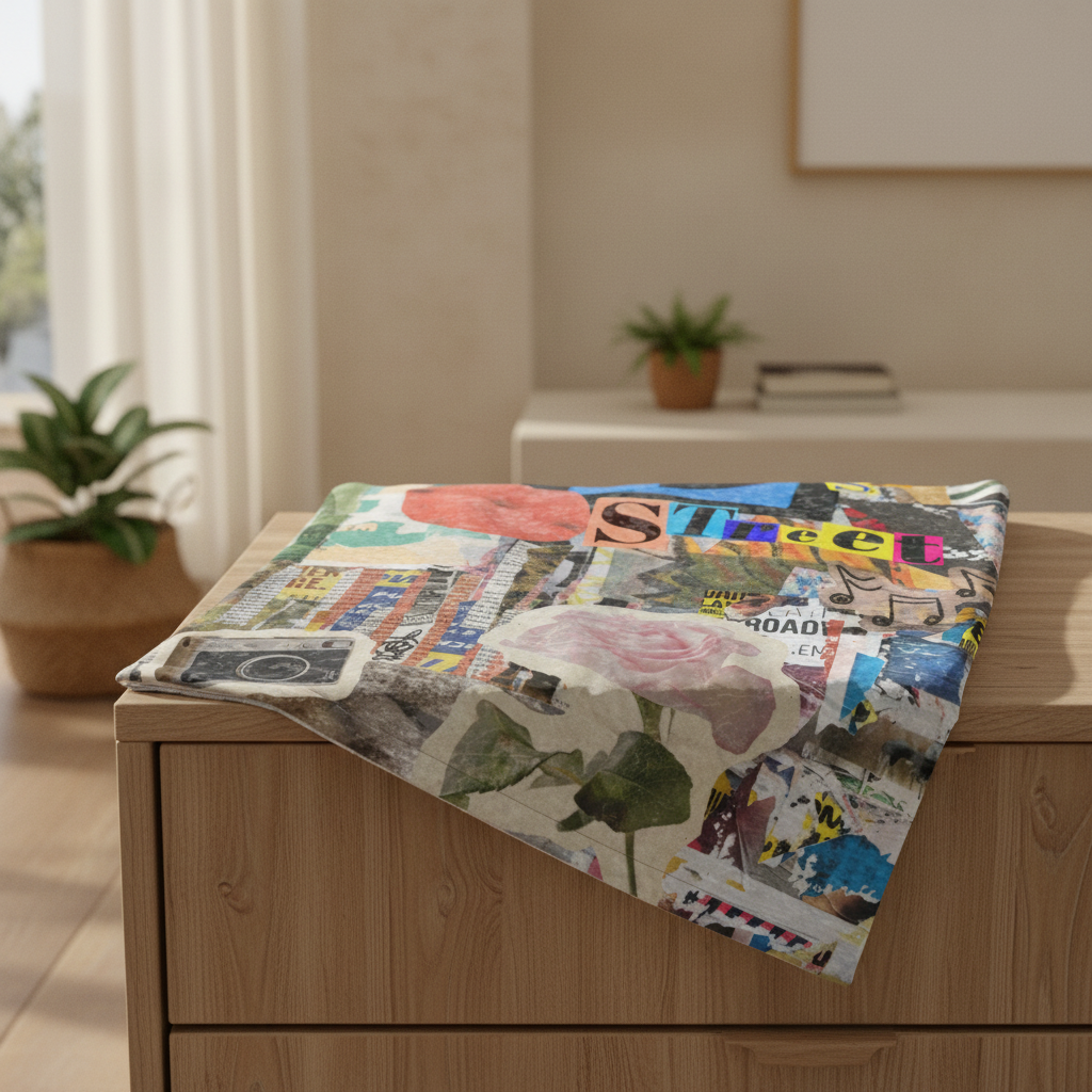 contemporary print throw draped over a wooden dresser in a room.