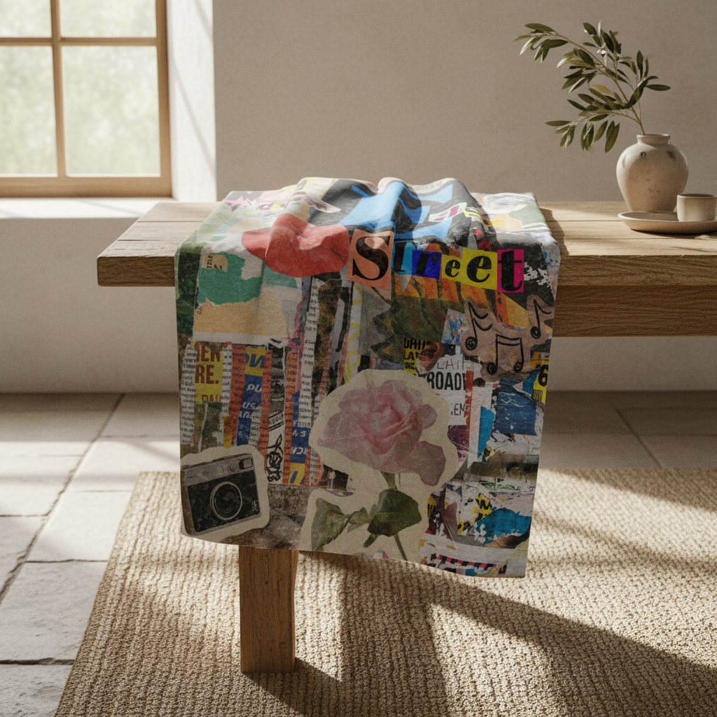 modern artistic throw blanket with collage design on a wooden table in a bright room.