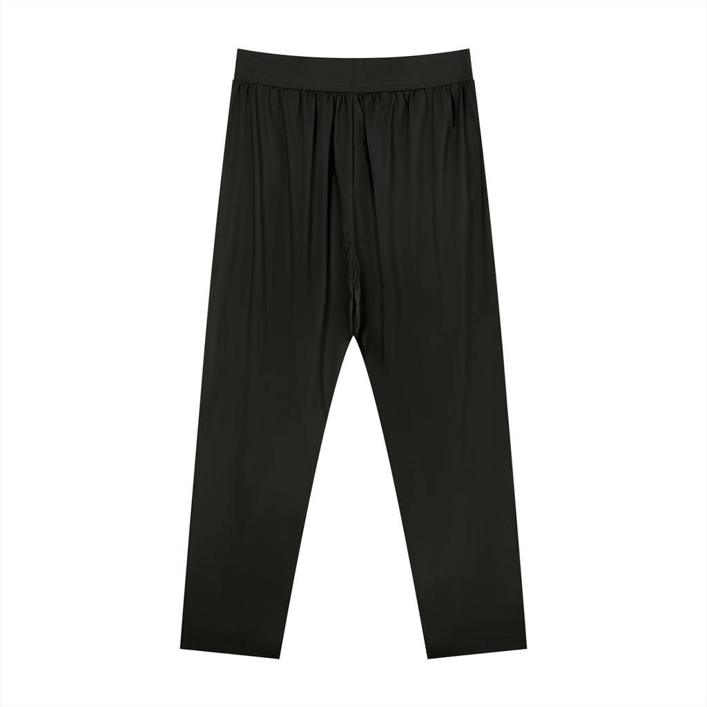 flat lay back view of men's black straight leg elastic waist pants with pockets