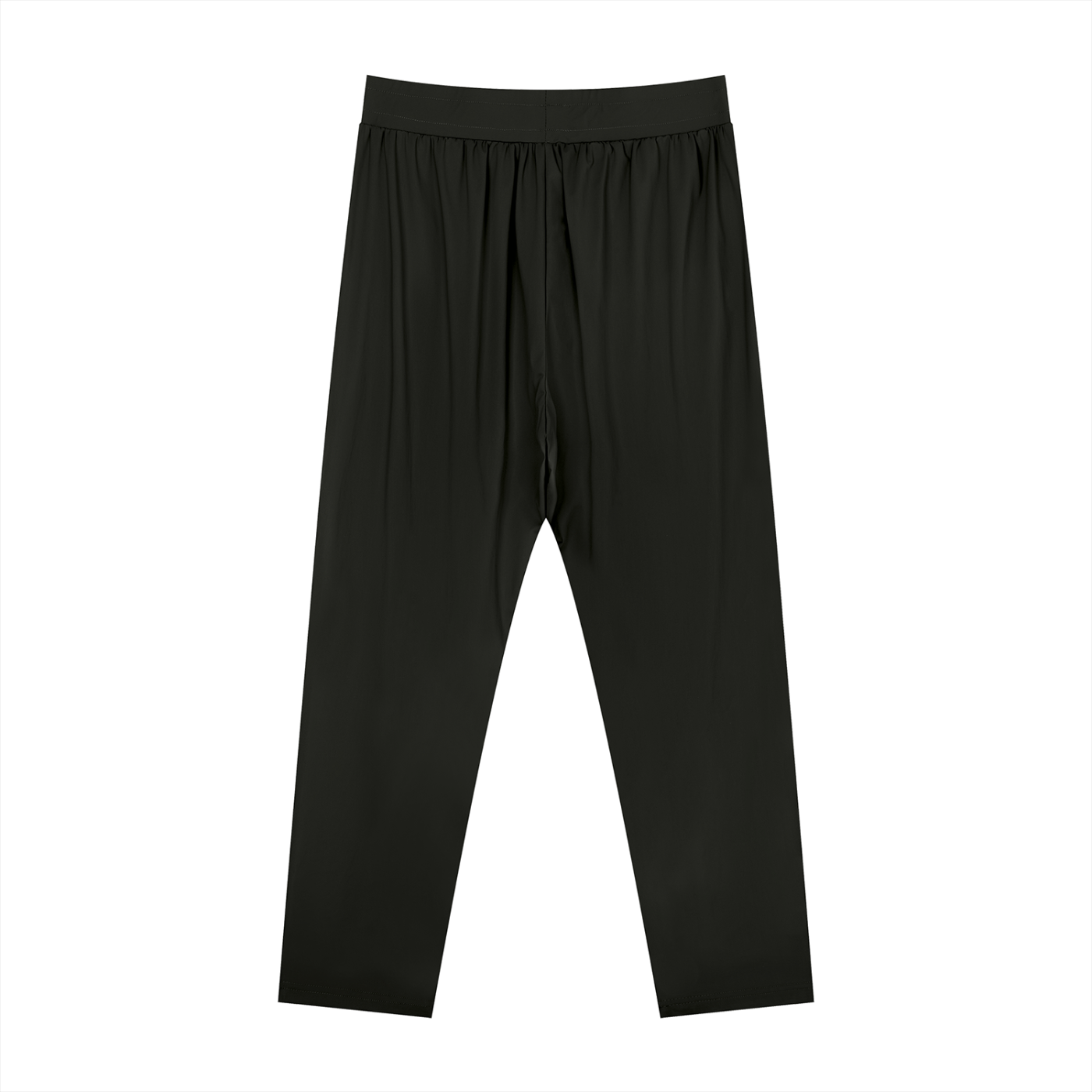 flat lay back view of men's black straight leg elastic waist pants with pockets