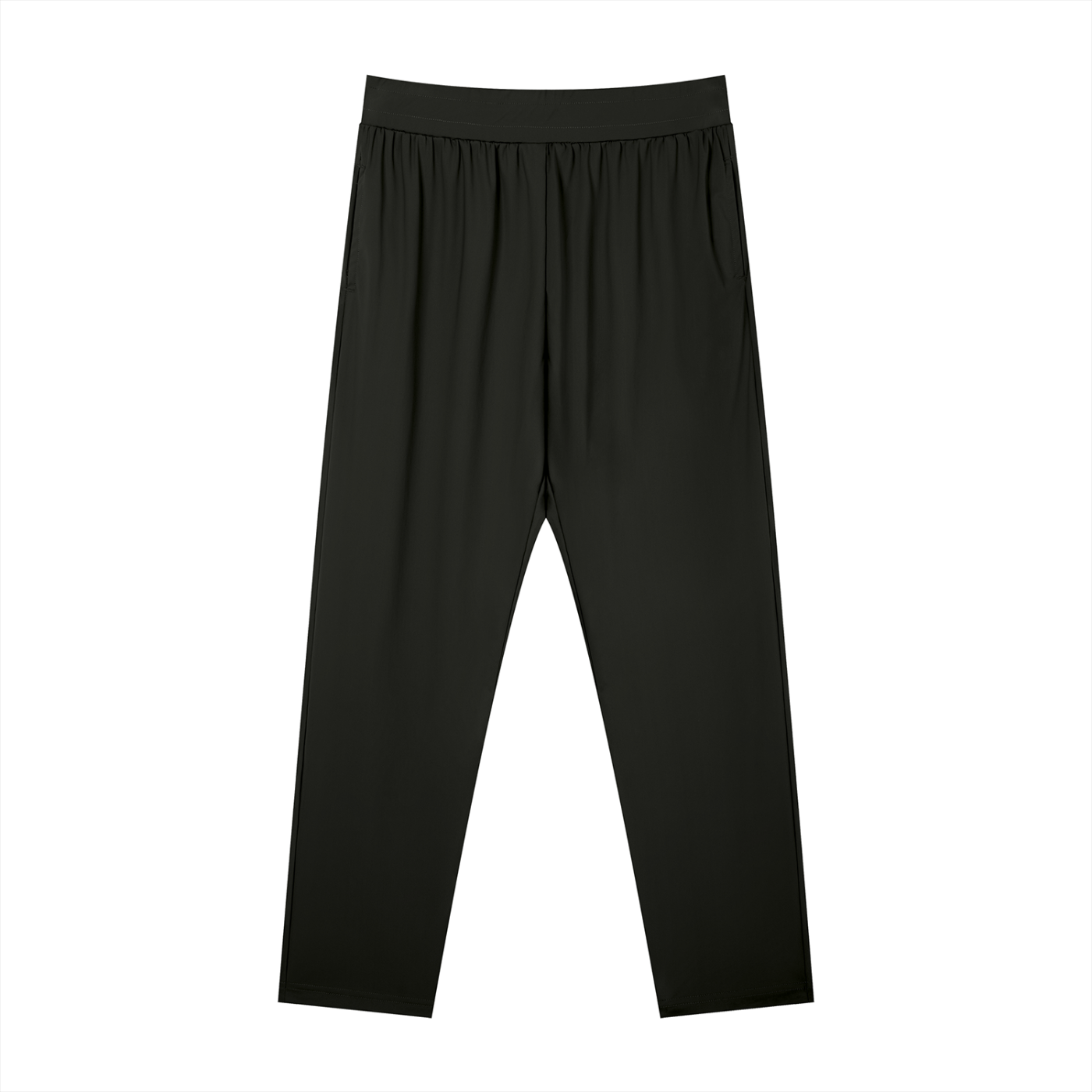 flat lay front view of men's black straight leg elastic waist pants