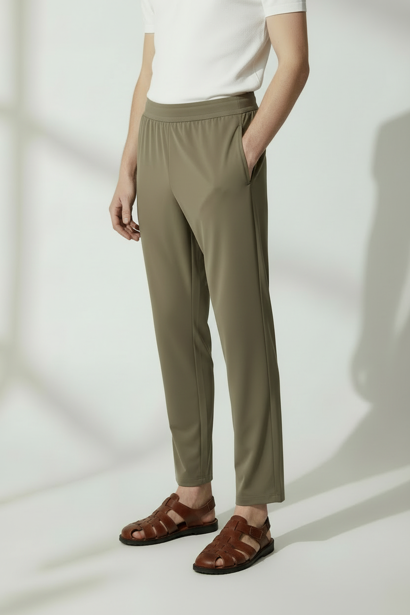 side view of straight leg relaxed fit trousers 