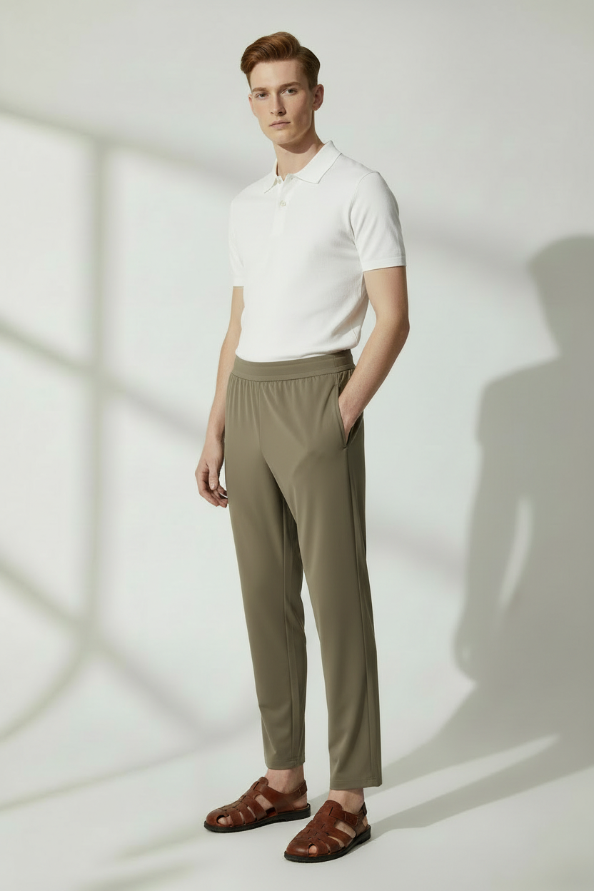 full body side view of male model victor wearing comfortable elastic waist trousers