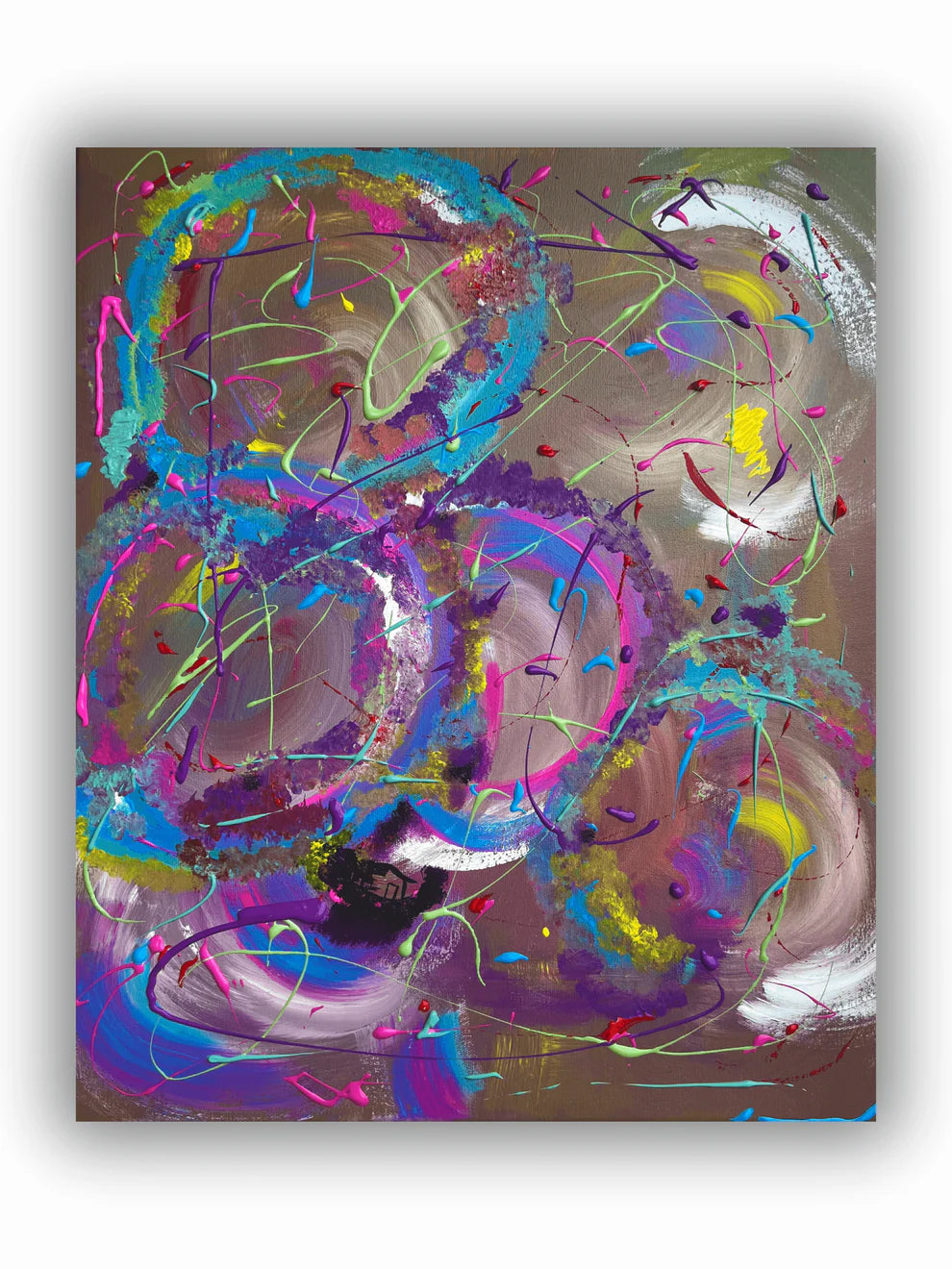 Abstract canvas painting titled 'Swept Away', with dynamic splashes and strokes in a fine art style.
