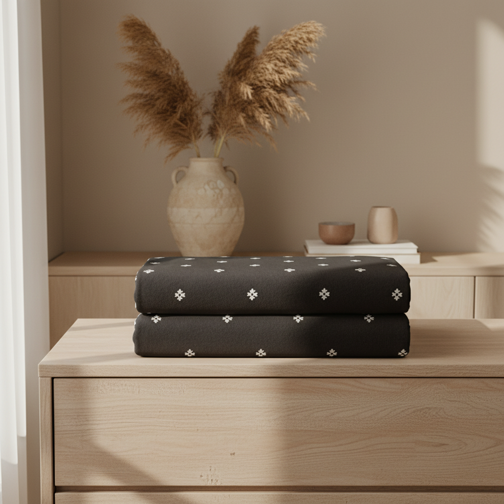 faded dark floral blanket folded on a wooden surface