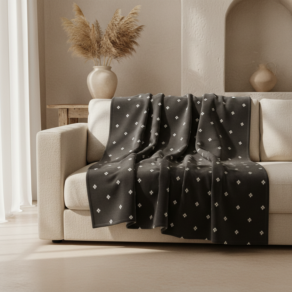 faded black floral throw blanket draped over a beige sofa in a living room setting.
