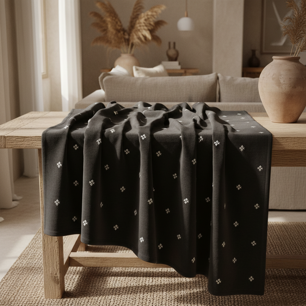 black floral blanket with vintage texture on a wooden table in a cozy living room setting