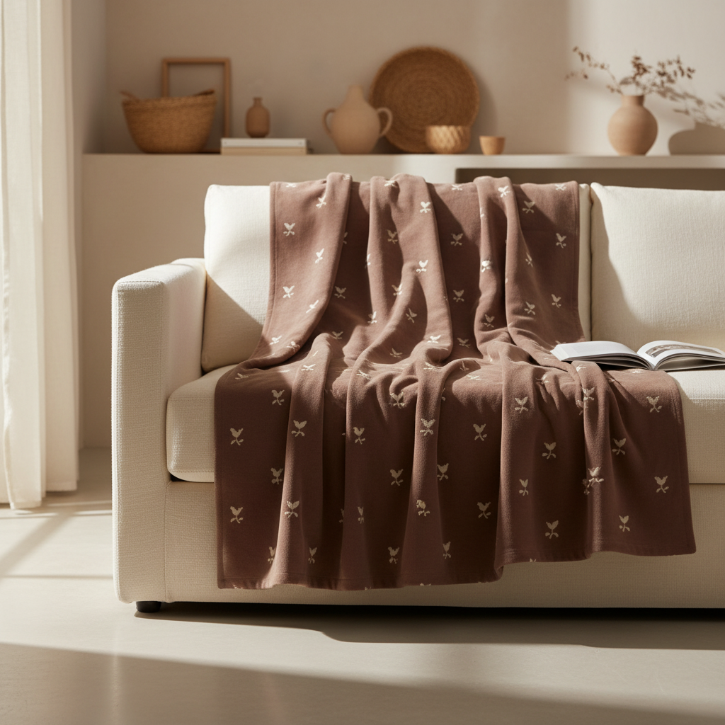 faded brown floral throw blanket draped over a beige sofa in a cozy living room.