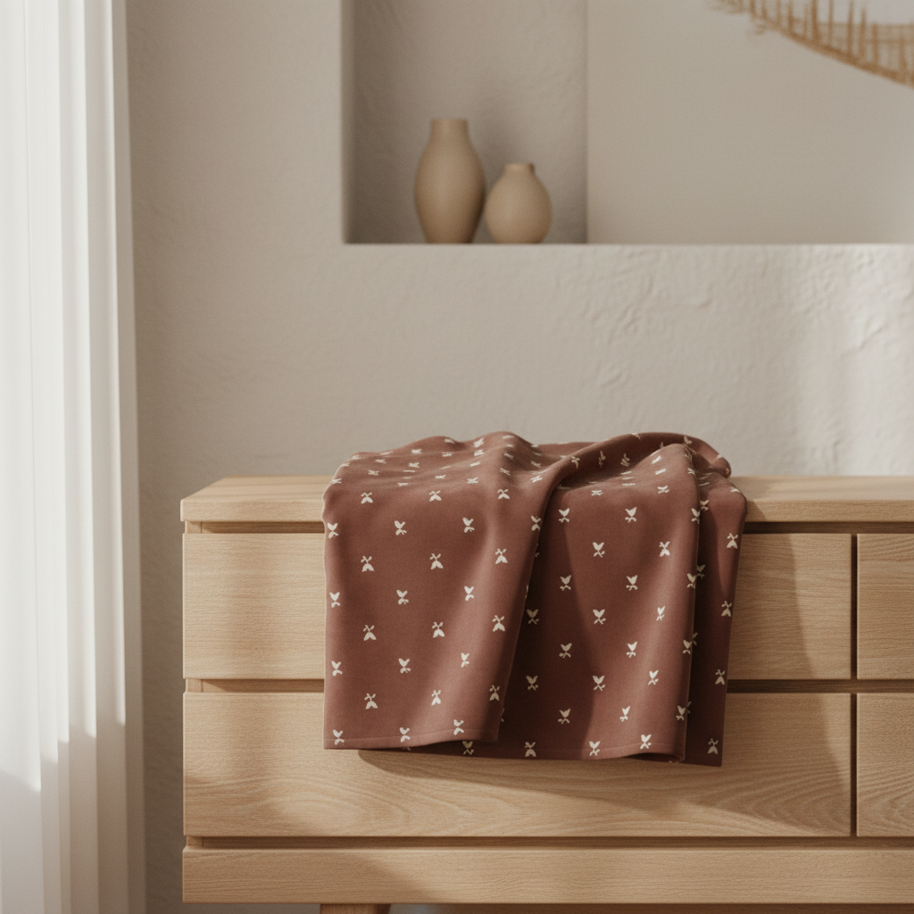 vintage brown floral blanket on a wooden dresser with neutral decor