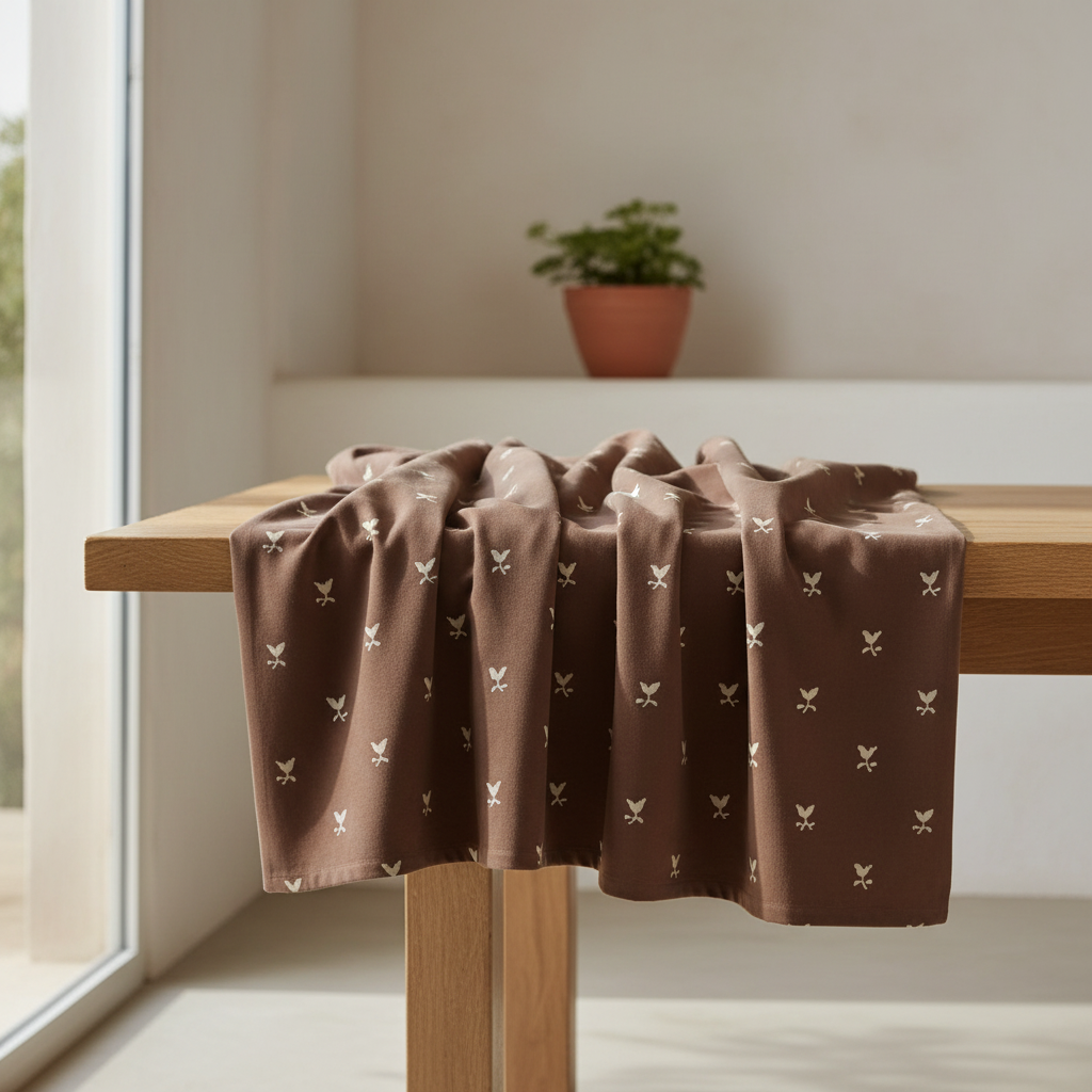 brown botanical blanket draped over a wooden bench near a window.
