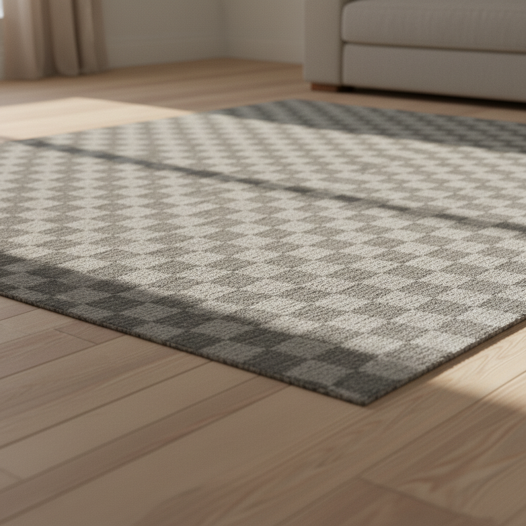 close up of worn checkered area rug in soft neutral tones 