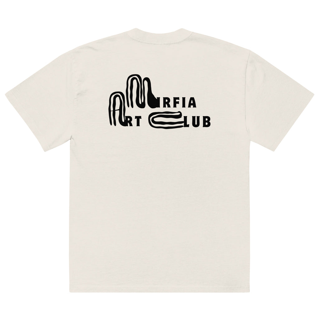 back view of oversized faded t-shirt with black graphic text on a white background