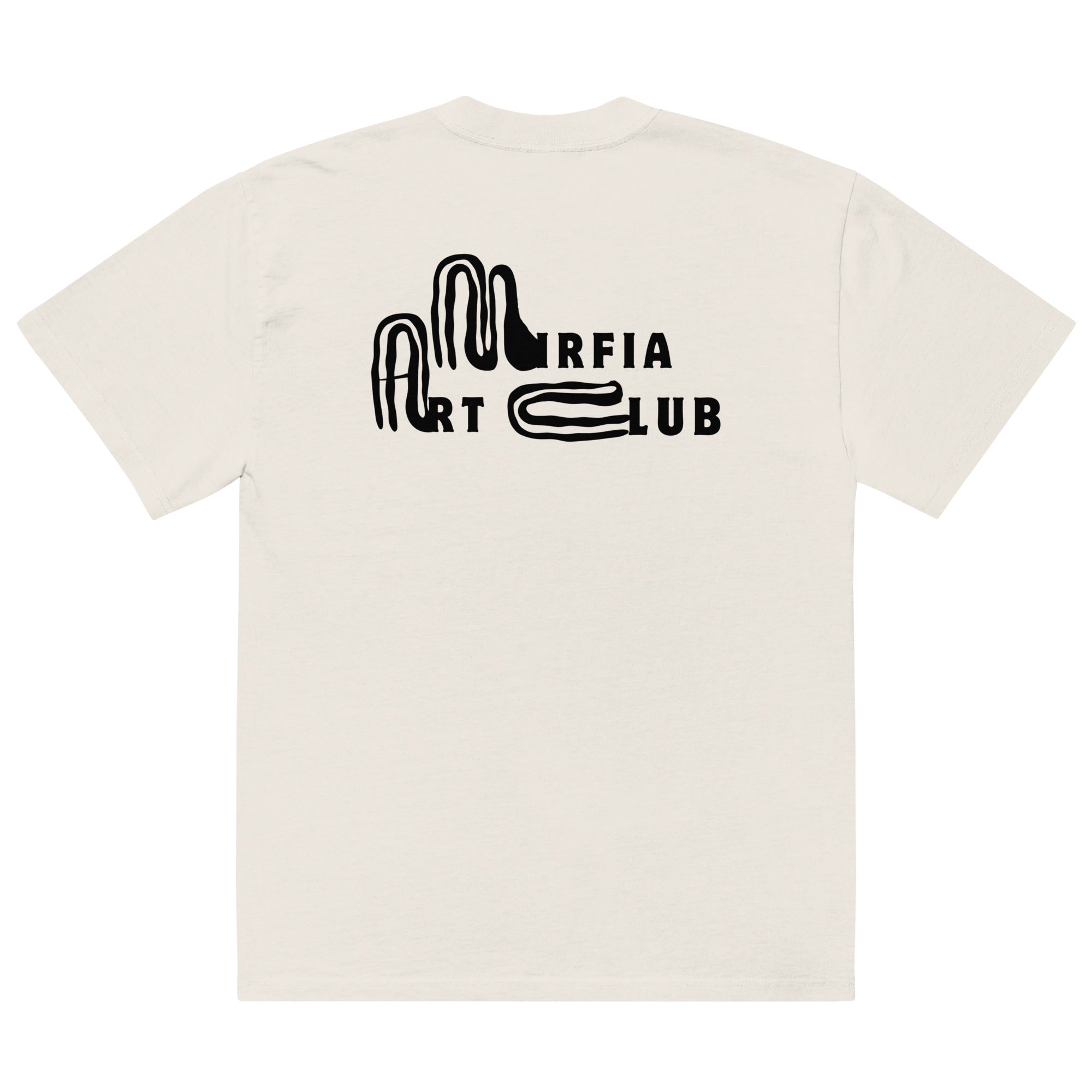back view of oversized faded t-shirt with black graphic text on a white background