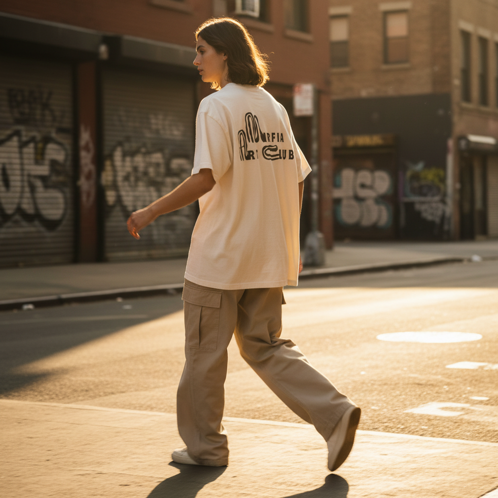 model walking on a street with graffiti in the background wearing faded oversized graphic t-shirt