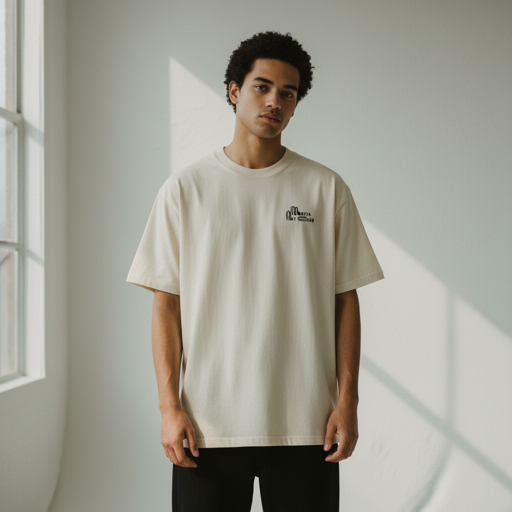 model wearing faded oversized t-shirt