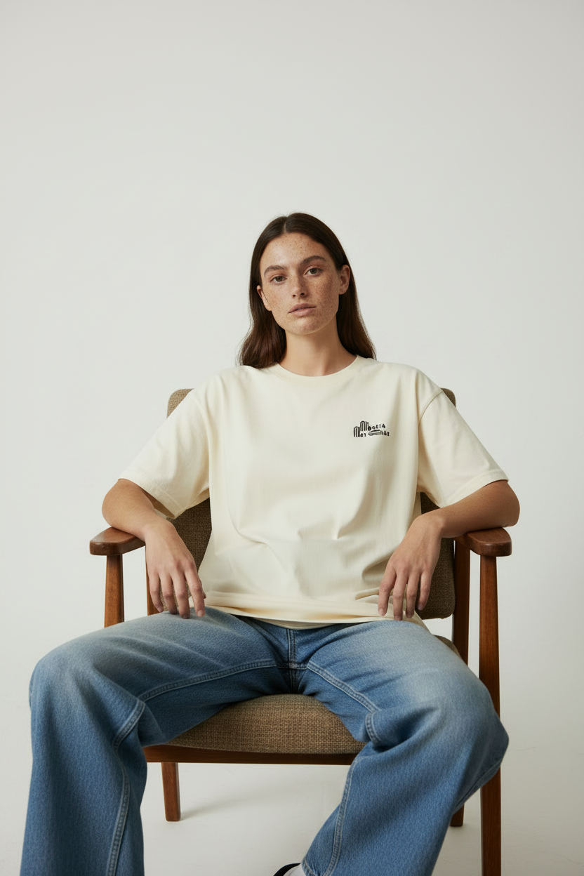 female model sitting in chair with ’Mirfia Art Club’ text t-shirt